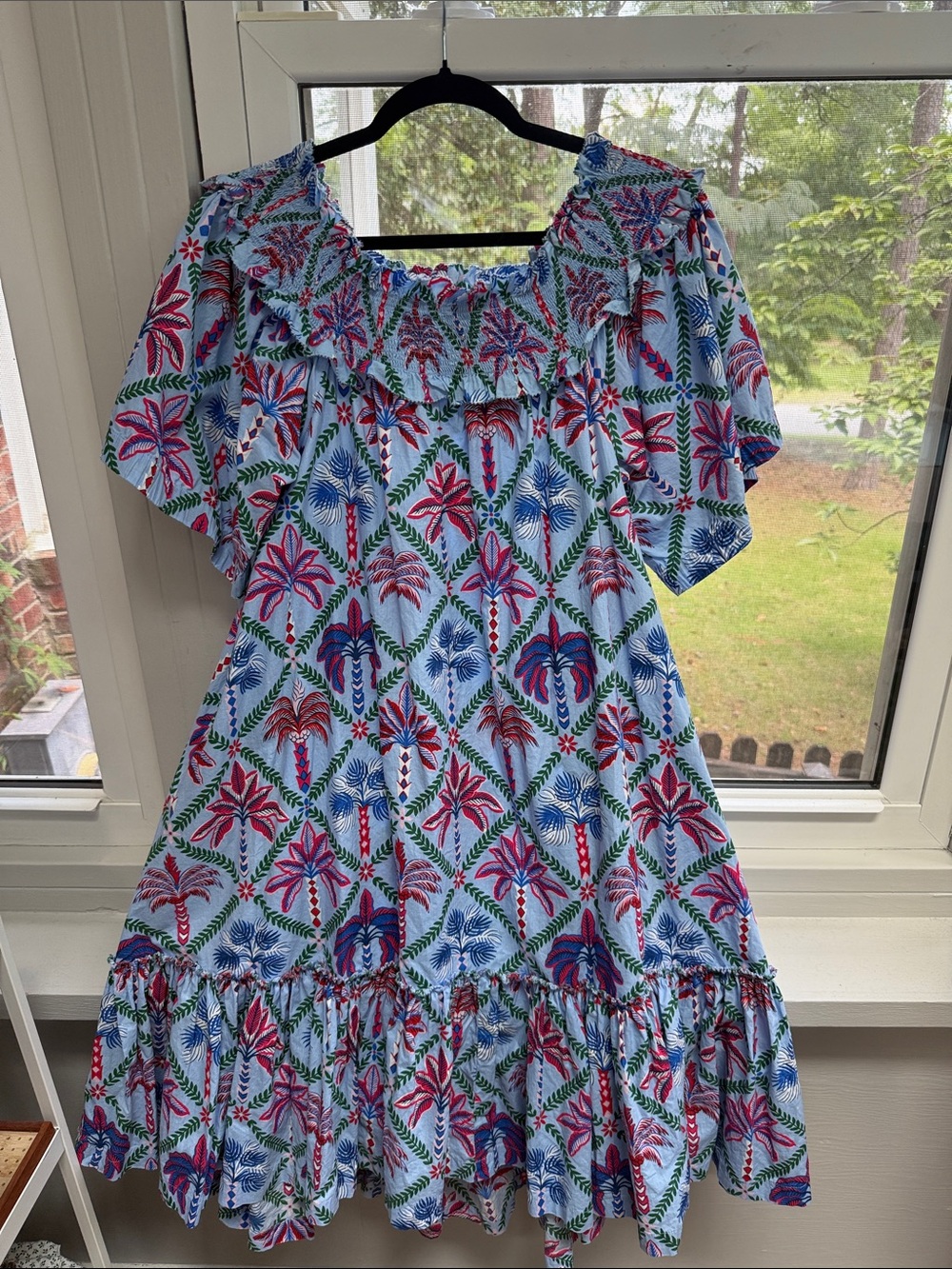 Printfresh Blue Floral Maxi Dress with Pink & Green Accents Sz L